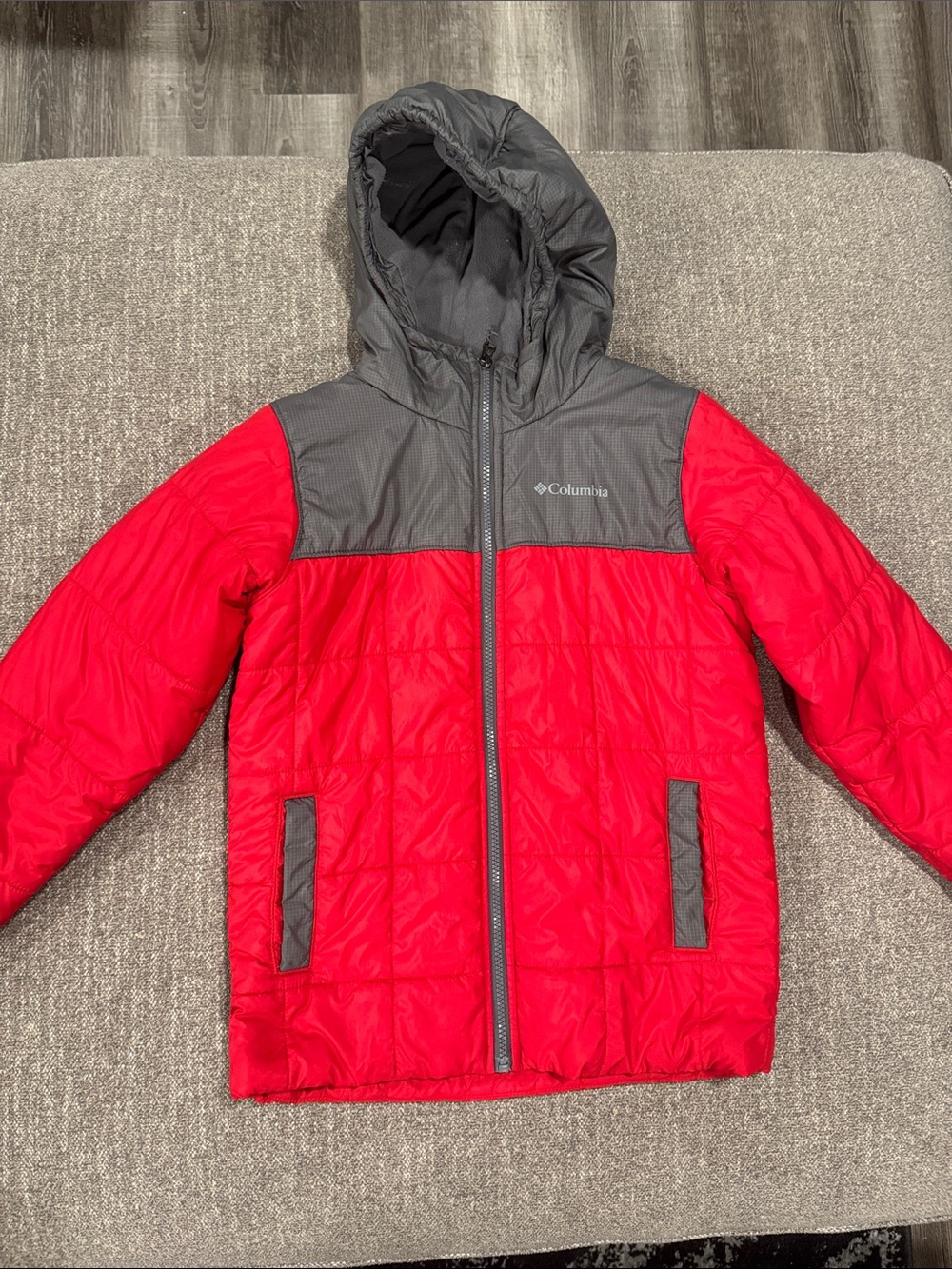 Columbia Red and Gray Hooded Kids Puffer Jacket